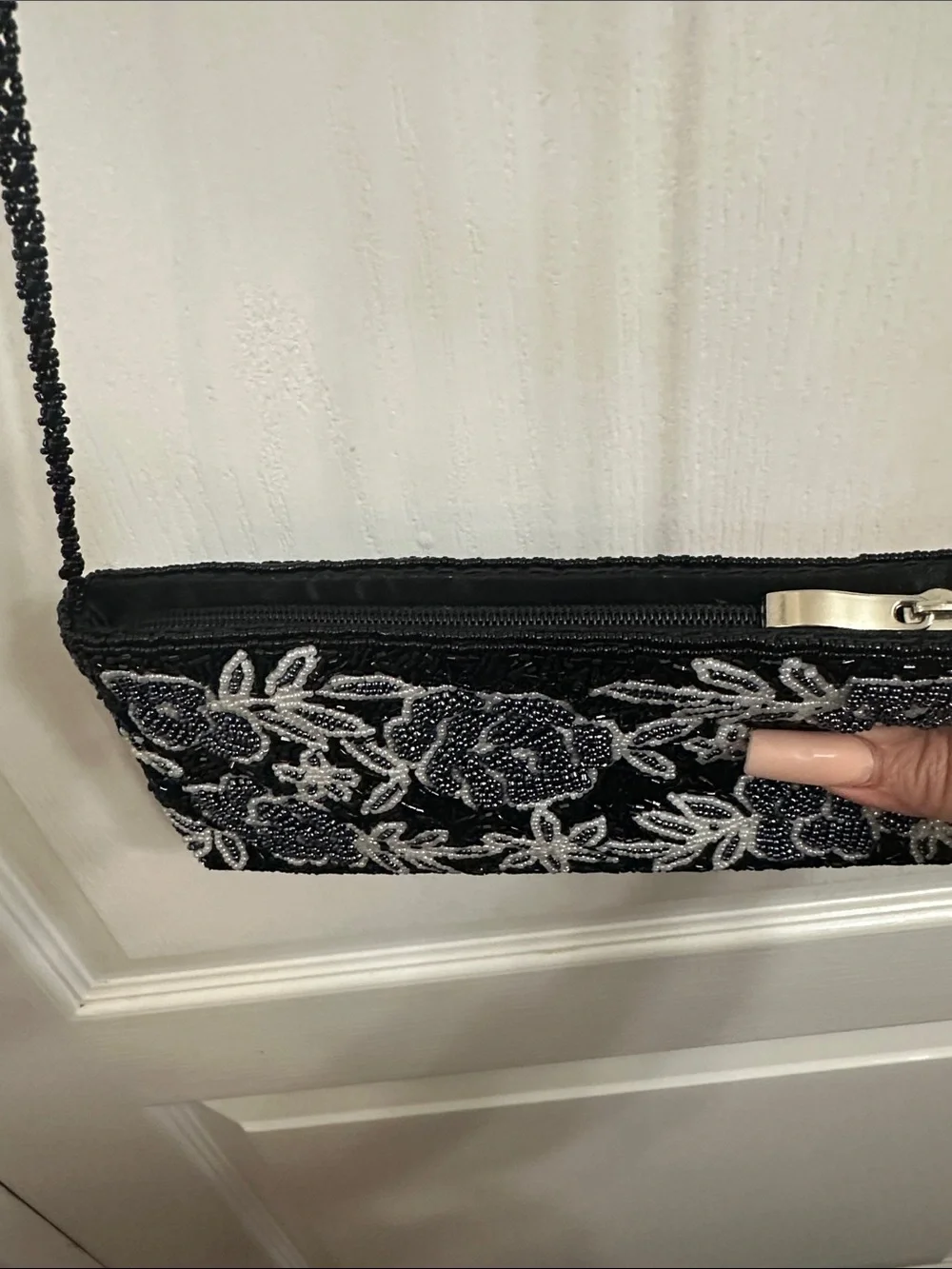 Vintage Black Clutch with White Floral Beading